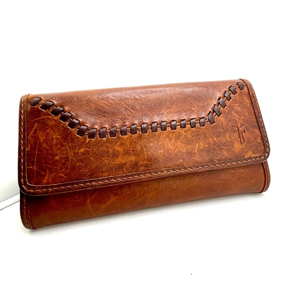 Frye Melissa Whipstitch Leather Wallet Cognac Brown Trifold Clutch - Picture 1 of 8